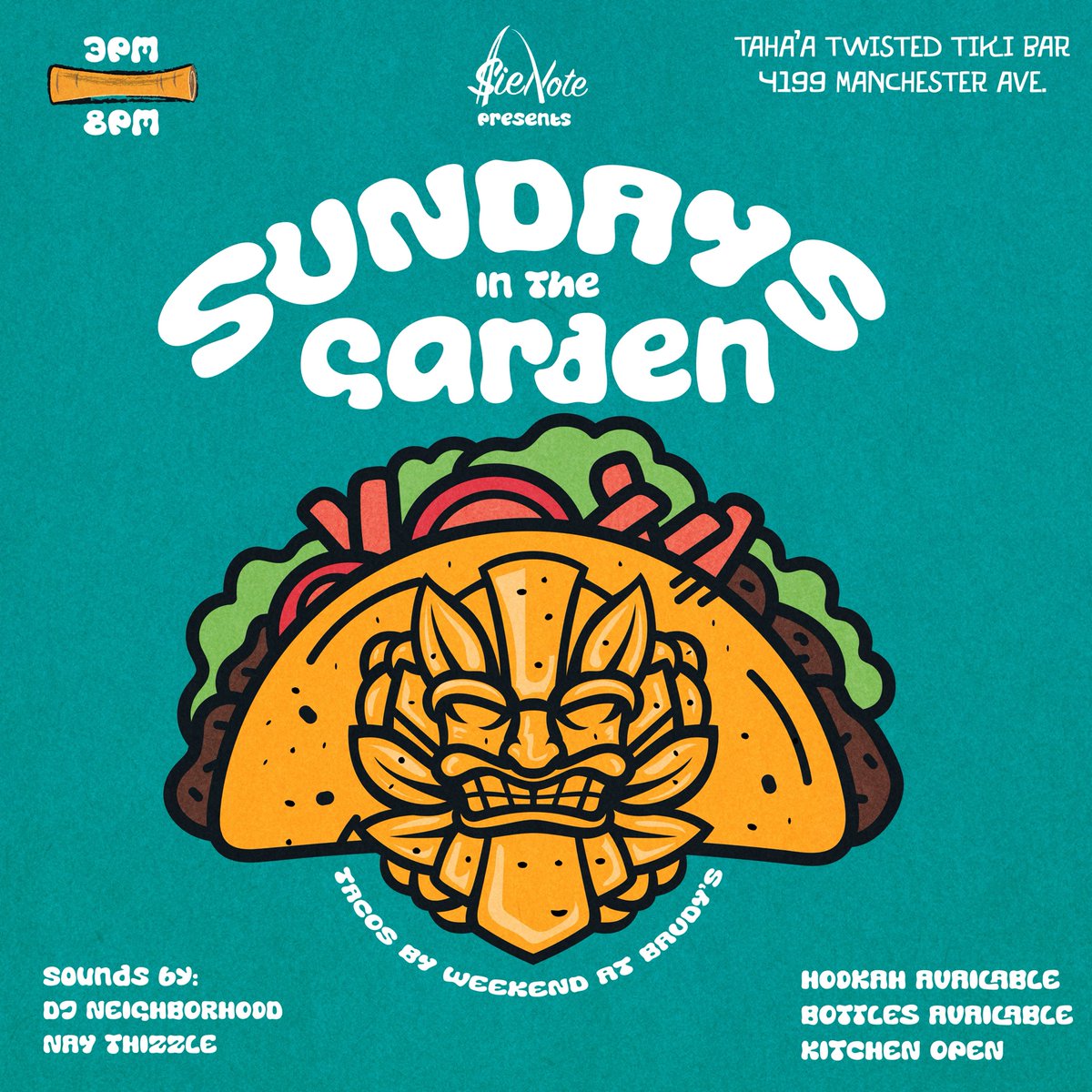 🌺 Sundays in the Garden at Taha’a Twisted Tiki! 🌺

Join us for a day filled with fun and relaxation in our beautiful patio area.

🌮 Weekend at Baudy’s - Serving up mouthwatering tacos!
🎧 Live DJs 
💨 Hookah
🌿 Huge patio 

4199 Manchester in the Grove