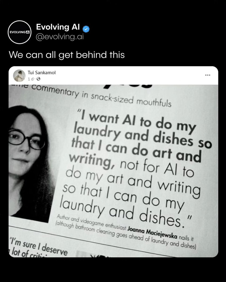 slackteamdev's tweet photo. This just about sums it up...

- Joanna Maciejewska
#AIart #aiwriting #AIsafety https://t.co/NdqSg3Ne0M