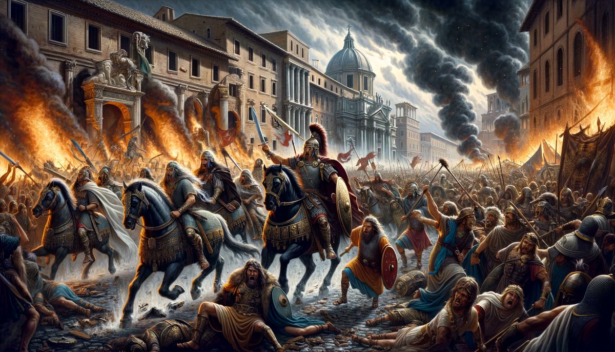 HistoryRelivedS's tweet photo. The Visigothic Sack of Rome (410 AD): Led by King Alaric, the Visigoths sacked Rome in 410 AD. This event was a significant blow to the Roman Empire and symbolized the beginning of the end for the Western Roman Empire. Alaric, a former Roman military commander, had initially sought to secure a peaceful settlement within the empire for his people. However, after failed negotiations and the refusal of his demands, Alaric turned his forces towards Rome.

The city of Rome, which had not fallen to an enemy in nearly 800 years, was largely unprepared for the attack. On August 24, 410 AD, the Visigoths breached the city’s walls, aided by slaves who opened the gates. The sack lasted for three days, during which the Visigoths looted and plundered the city, taking valuable treasures and destroying many buildings. Despite the extensive damage, some historical accounts suggest that the Visigoths showed restraint compared to other sacks, as many churches and religious sites were spared significant harm.

The sack shocked the Roman world and sent ripples throughout the empire. Rome was still considered the heart of the empire, despite the political center having shifted to Constantinople. The psychological impact of Rome's fall was profound, marking a critical point in the decline of the Western Roman Empire. The event highlighted the empire's inability to defend its core territories and the growing power of barbarian groups within its borders.

The sack also had significant repercussions for the Roman aristocracy and the common people. Many noble families fled, and the socioeconomic structure of the city was disrupted. The Visigoths, having looted Rome, eventually moved southward into Italy, but the sack remained a potent symbol of the empire's vulnerability and the shifting power dynamics in Europe.

In the broader historical context, the Visigothic Sack of Rome demonstrated the fragmentation and weakening of Roman authority. It was a prelude to further invasions and sacks by other barbarian tribes, leading to the eventual collapse of the Western Roman Empire in 476 AD. The event is often seen as a pivotal moment in the transition from the ancient world to the medieval era.