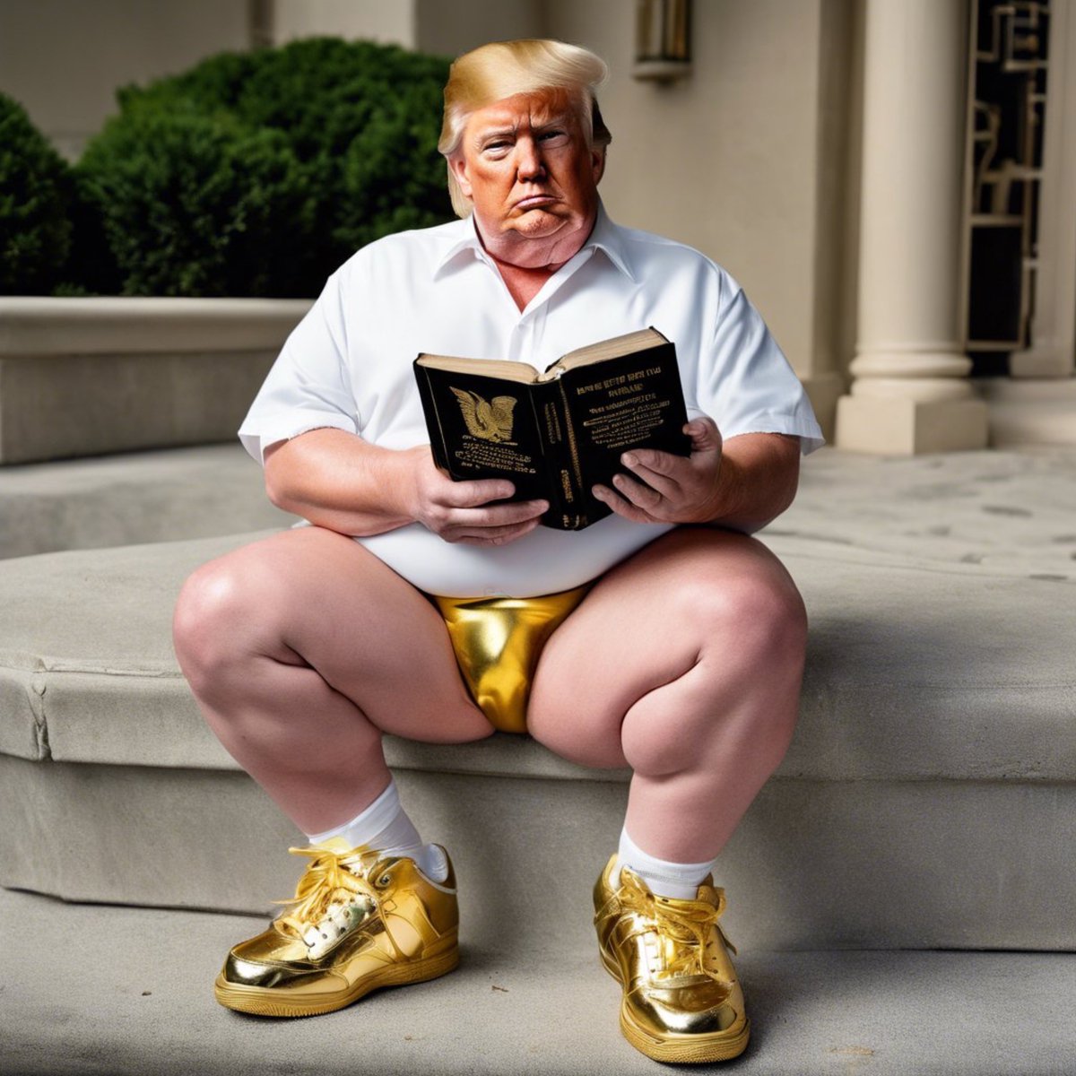 BSBuster7's tweet image. #DonaldTrump is spending a quiet day at one of his crappy golf resorts, reading the words of his favorite authors #AdolphHitler. Later on his village idiot son #DonaldTrumpJr will stop by to personally fit him for a butt plug to prepare him for his future time in the slammer!