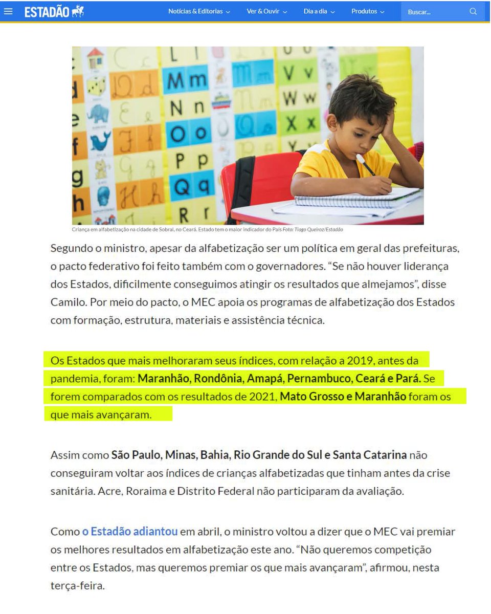 O Maranhão está entre os estados que mais avançaram em alfabetização de crianças entre 2019 e 2023, tendo a maior variação de crescimento do país, ficando à frente de estados como Rio de Janeiro e São Paulo. Saindo da 23ª posição para a 10ª. No Nordeste, temos o 3° melhor