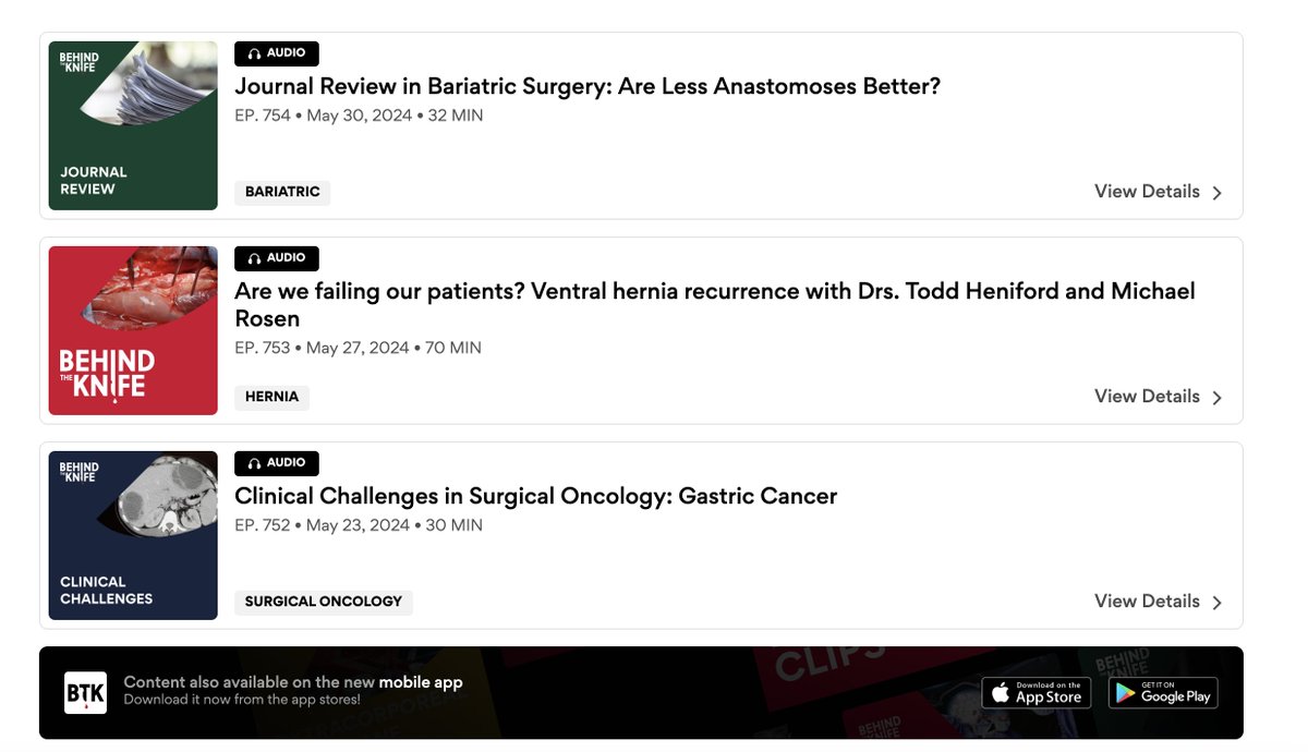 Looking for some easy listening on your Sunday?  Check out our last 3 episodes:

✔️ Journal Review in Bariatric Surgery: Are Less Anastomoses Better? <a href="/docmartin22/">Matthew Martin, MD, FACS, McRIB</a>
<a href="/DrAdrianDan/">Adrian Dan</a> <a href="/CJMannMD/">Crystal Johnson-Mann, MD, MPH, FACS, FASMBS</a>
✔️ Are we failing our patients? Ventral hernia recurrence with <a href="/THeniford/">B Todd Heniford</a> <a href="/MikeRosenMD/">Michael Rosen</a> 
✔️