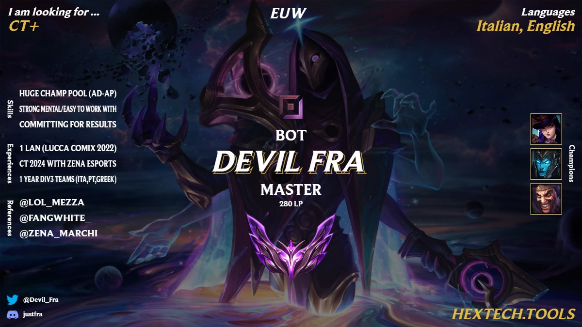 Devil_Fra's tweet image. Even if it is a bit late...here is my LFT post for the next split...looking for every offer, ready to work with every team new/old, only thing asking for is a nice environment!

Here some references:
@LOL_Mezza @fangwhite_  @ZENA_Marchi   

Like and retweets are appreciated ❤️