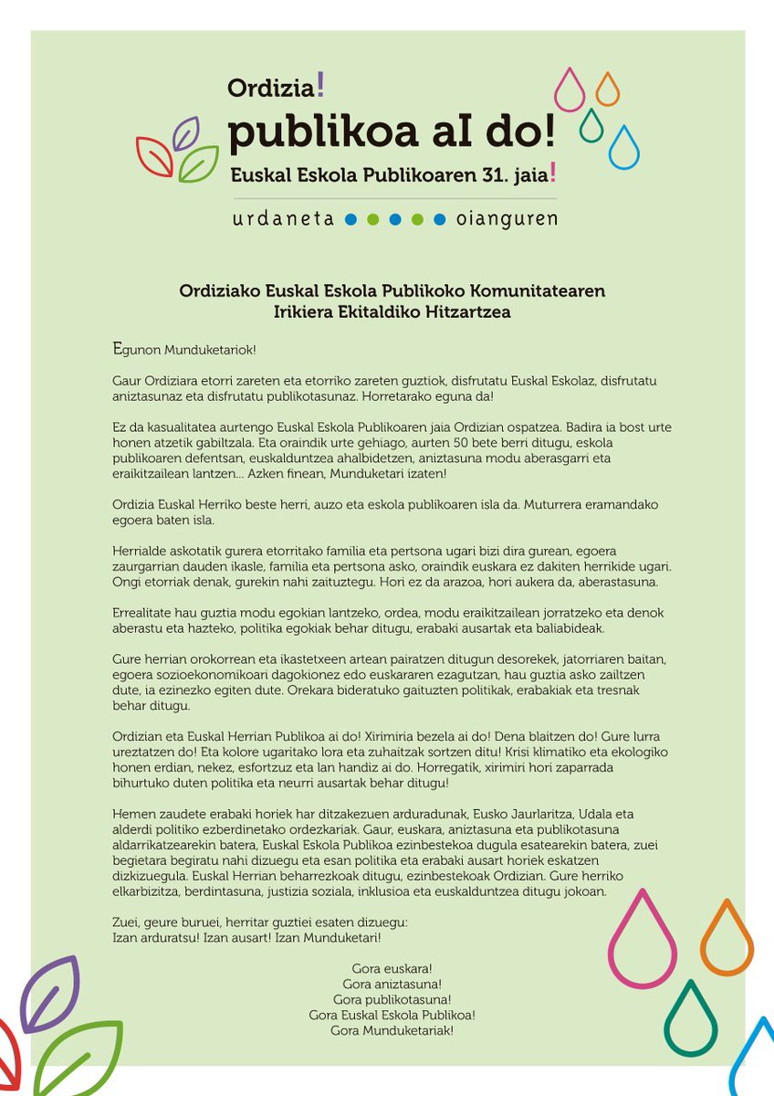 Ordiziako Euskal Eskola Publikoa  da bailarako ume eta gazteen bilgune: Ordizia, Gaintza, Altzaga, Legorreta, Itsasondo, Zaldibi. Gaur egun handia izan dugu: Gora Euskal Eskola Publikoa!!  #euskaleskolapublikoarenjaia <a href="/oiangurenbhi/">oiangurenbhi</a> <a href="/urdanetarrak/">Urdanetarrak Guraso Elkartea</a> <a href="/lardizabaleus/">Lardizabal Herri Eskola</a> <a href="/BaikaraF/">Baikara Federazioa</a> <a href="/EHIGE1/">EHIGE</a>