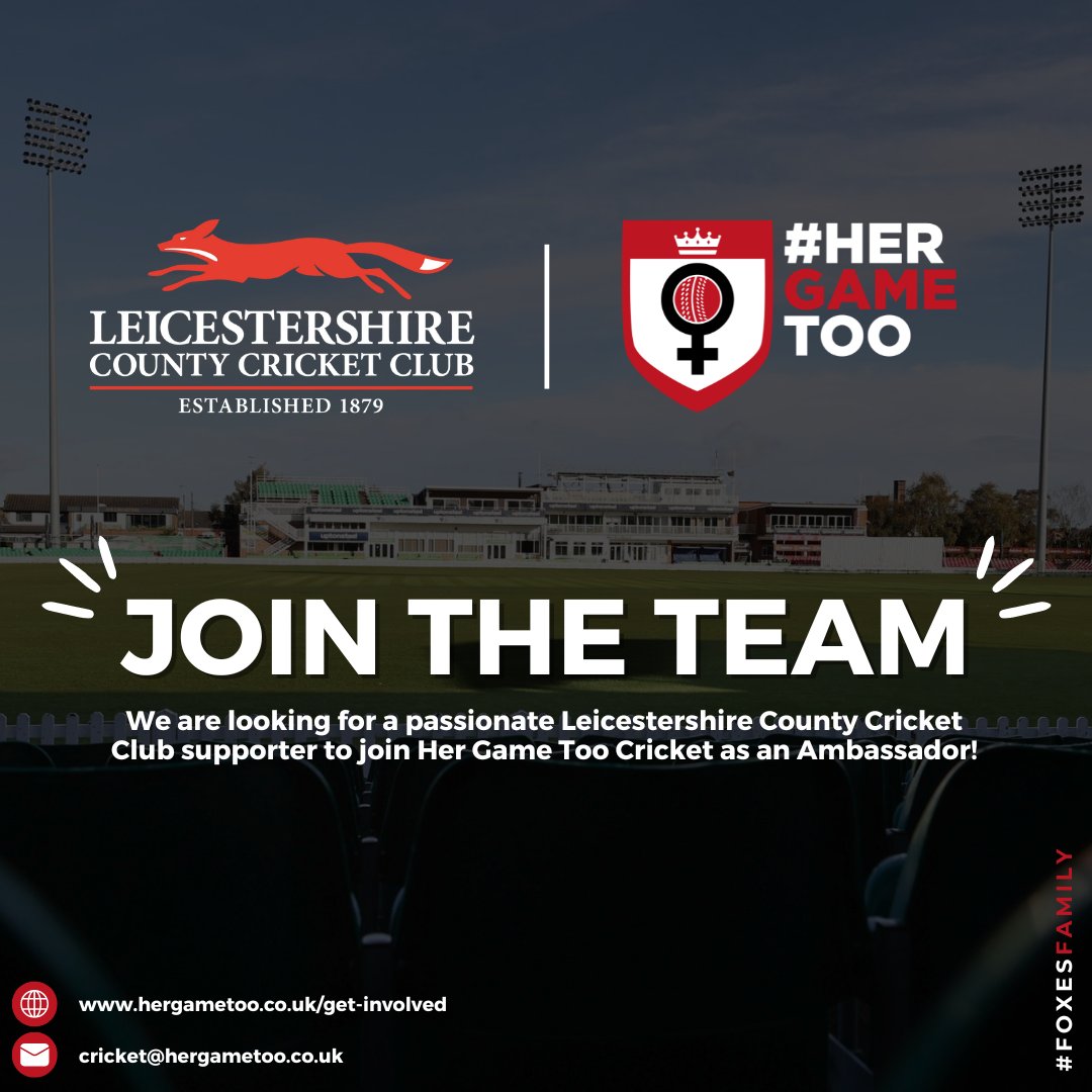 Become a #HerGameToo Ambassador. 🏏

📢 We are looking for a passionate supporter to join our team and become the official ambassador for Leicestershire CCC.

📩 To get involved, email: cricket@hergametoo.co.uk
 
🦊 #FoxesFamily