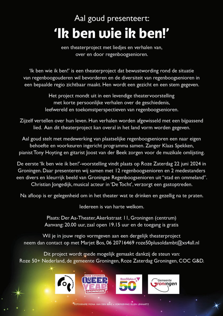 IK BEN WIE IK BEN!  Kom je ook kennis maken met dit bijzonder en uniek theaterproject, dat uit te rollen is over heel Nederland! 22 juni 20.00 uur, entree gratis. Tot ziens op Roze Zaterdag in Groningen! 🏳️‍🌈 Fotografie flyer: <a href="/monafotografie/">Mona van den Berg</a>  @RozeZaterdagNL <a href="/COCGroningen/">COCGroningen&Drenthe</a> <a href="/Movisie/">Movisie</a>