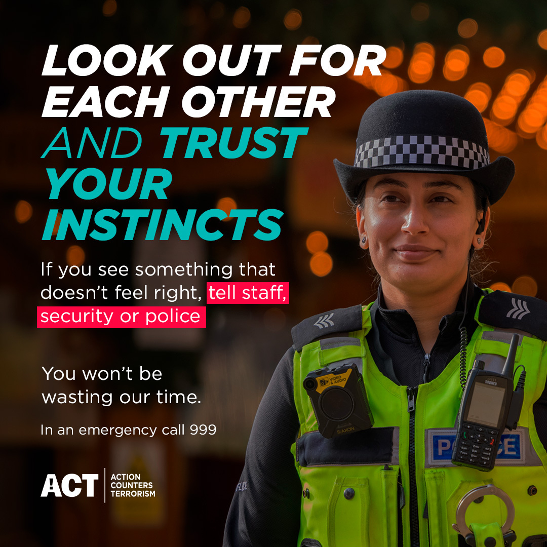 Heading out? Stay aware of your surroundings.

If you see something that doesn’t feel right report online at orlo.uk/kWHcA

#ActionCountersTerrorism #StaySafeTellSecurity

<a href="/TerrorismPolice/">Counter Terrorism Policing</a>