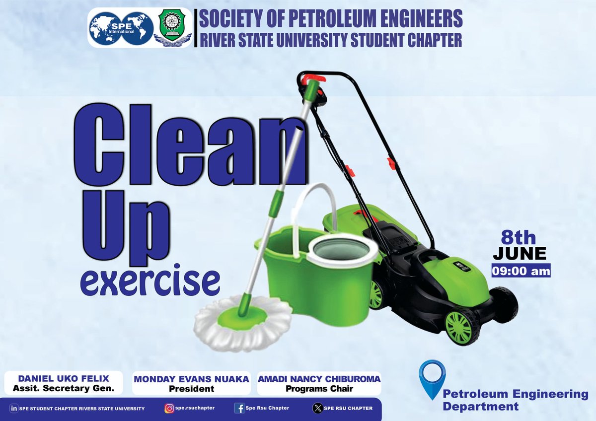 spe_rsu's tweet photo. Date: Saturday 8th June, 2024
Time: 9am
Venue: Petroleum Engineering Department 

All members of SPE RSU and energy driven volunteers are invited to join the exercise as it would also boost connections and networking.

#wearespe https://t.co/PmKXHWS0T3