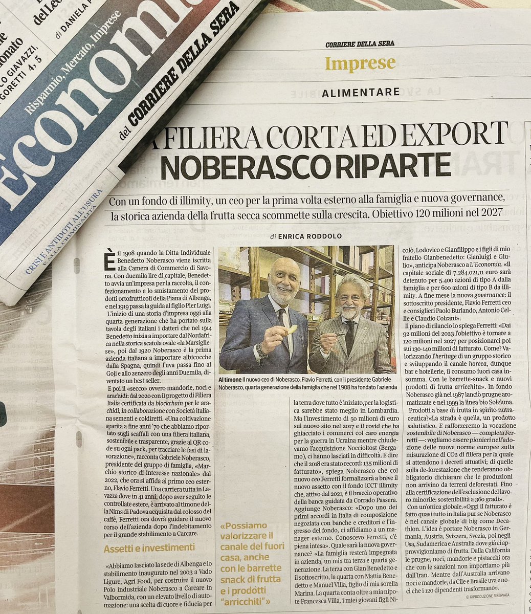 enricaroddolo's tweet photo. @L_Economia this week @Corriere my two new interviews unveiling plans for two quintessentially Italian businesses - @Noberasco_It relaunch with @illimitybank (and #DanJon fashion from Rome to Spain) https://t.co/FK4aQS2vMo