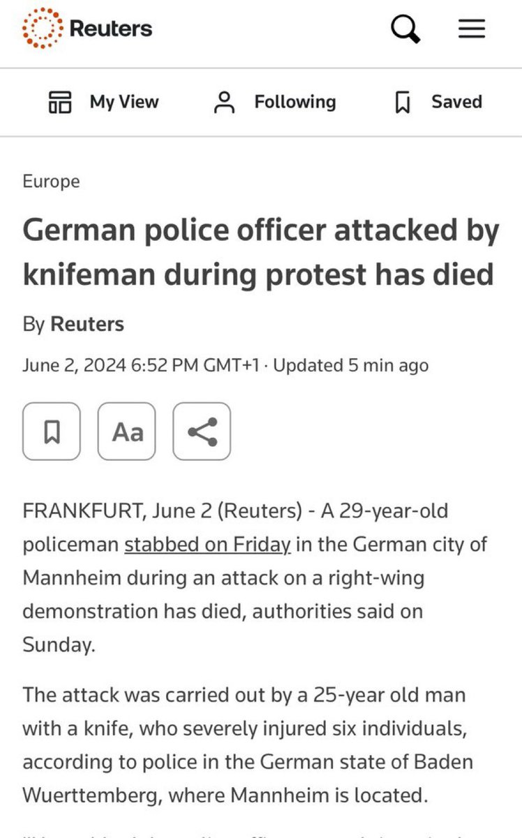 Everything about the way this unfolded and has been reported is beyond horrifying. The attacker, Afghan Migrant, Sulaiman A Injured 6 people and killed the officer who mistakenly jumped on the white german .. calling the VICTIMS right wing and leaving out the details of the