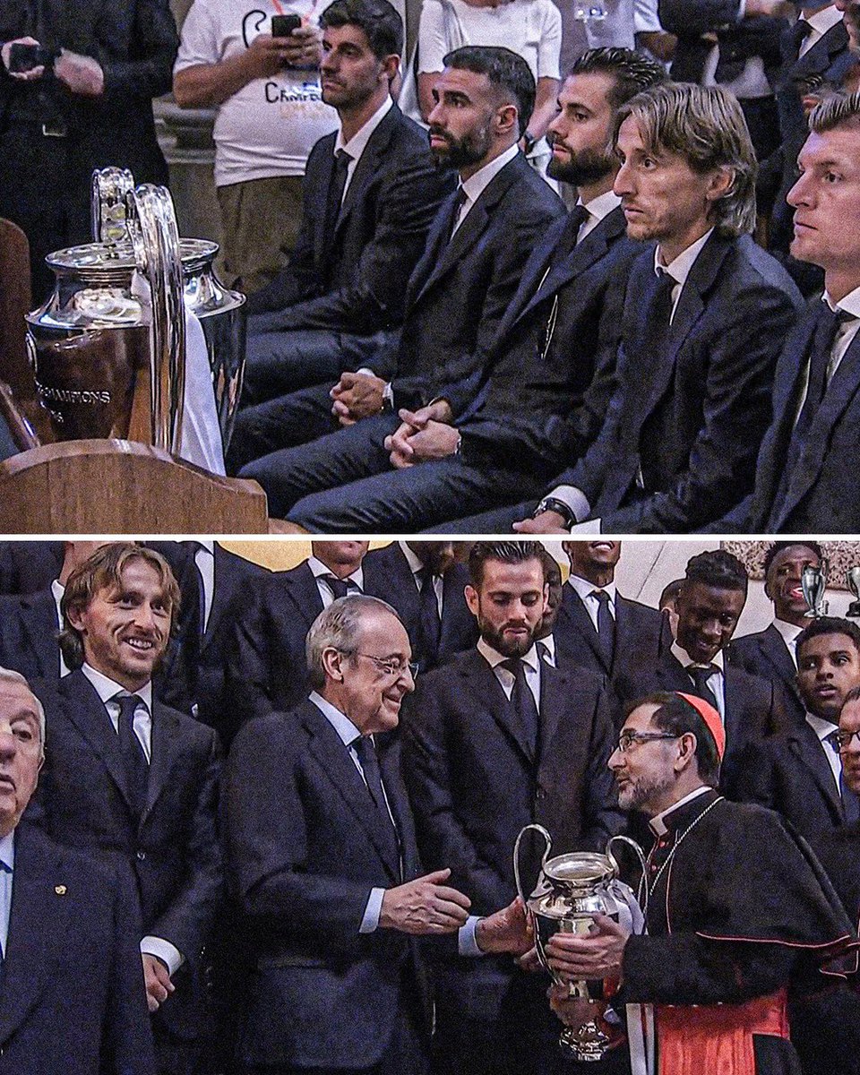 sportbible's tweet photo. After winning the Champions League, Real Madrid players and staff paid the Almudena Cathedral in Madrid a visit with the trophy 🏆 https://t.co/ee976KwX2J
