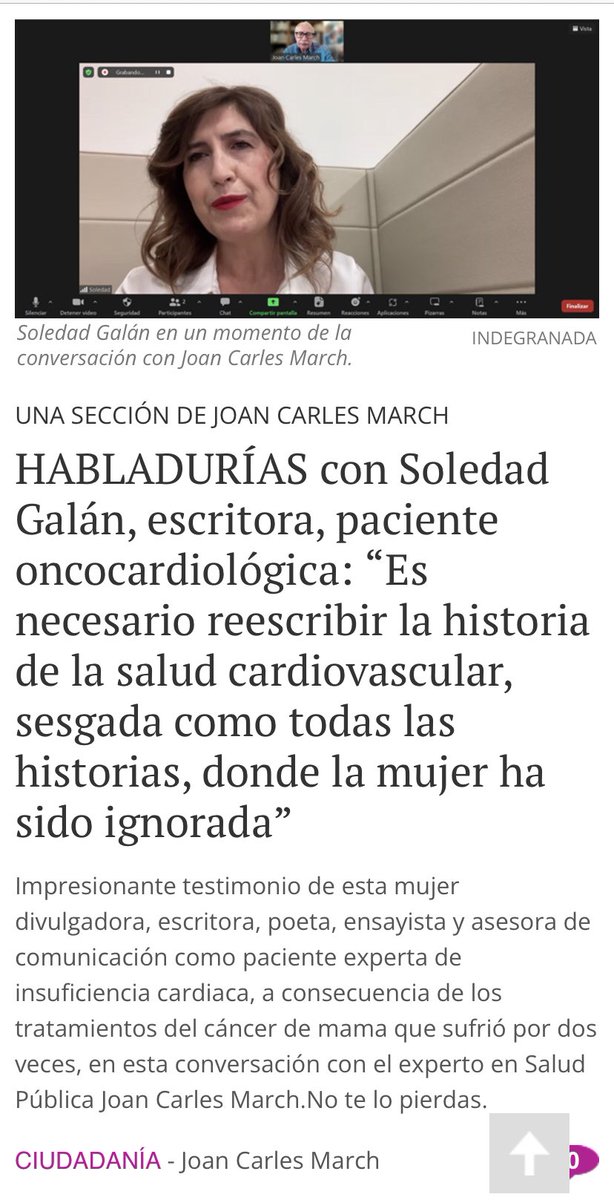 No dejes de oír el podcast con <a href="/soledadgalang/">Soledad Galán</a> escritora, divulgadora, poeta y paciente con enfermedad cardiovascular post cáncer de mama 

No te lo pierdas esta conversación con <a href="/joancmarch/">joan carles march</a> 

elindependientedegranada.es/ciudadania/hab…