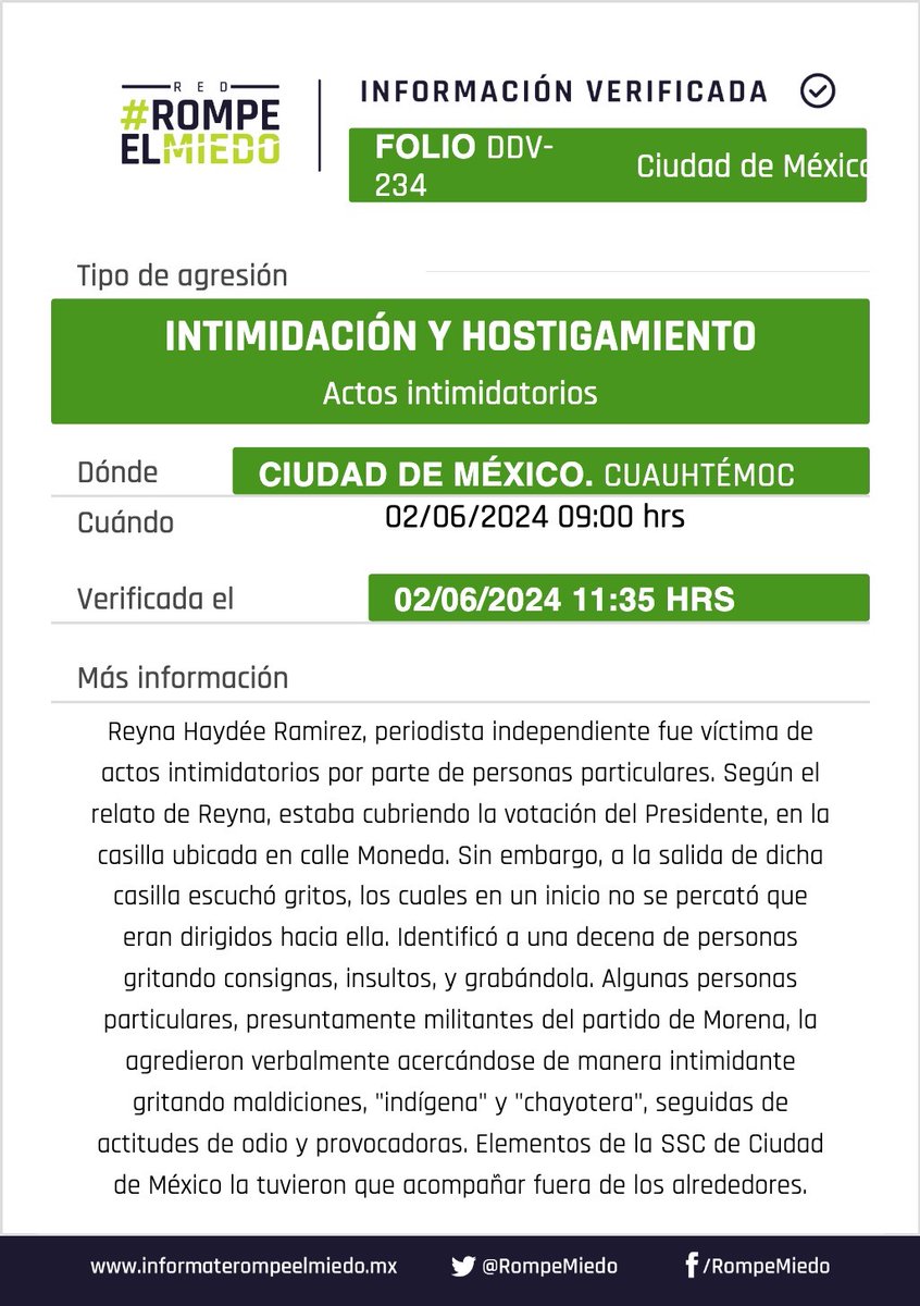 🚨Actos intimidatorios🚨

En la #CDMX amedrentan a la periodista <a href="/rynram/">Reyna Haydee Ramírez</a> en casilla, denostando a su persona y su labor periodística.
