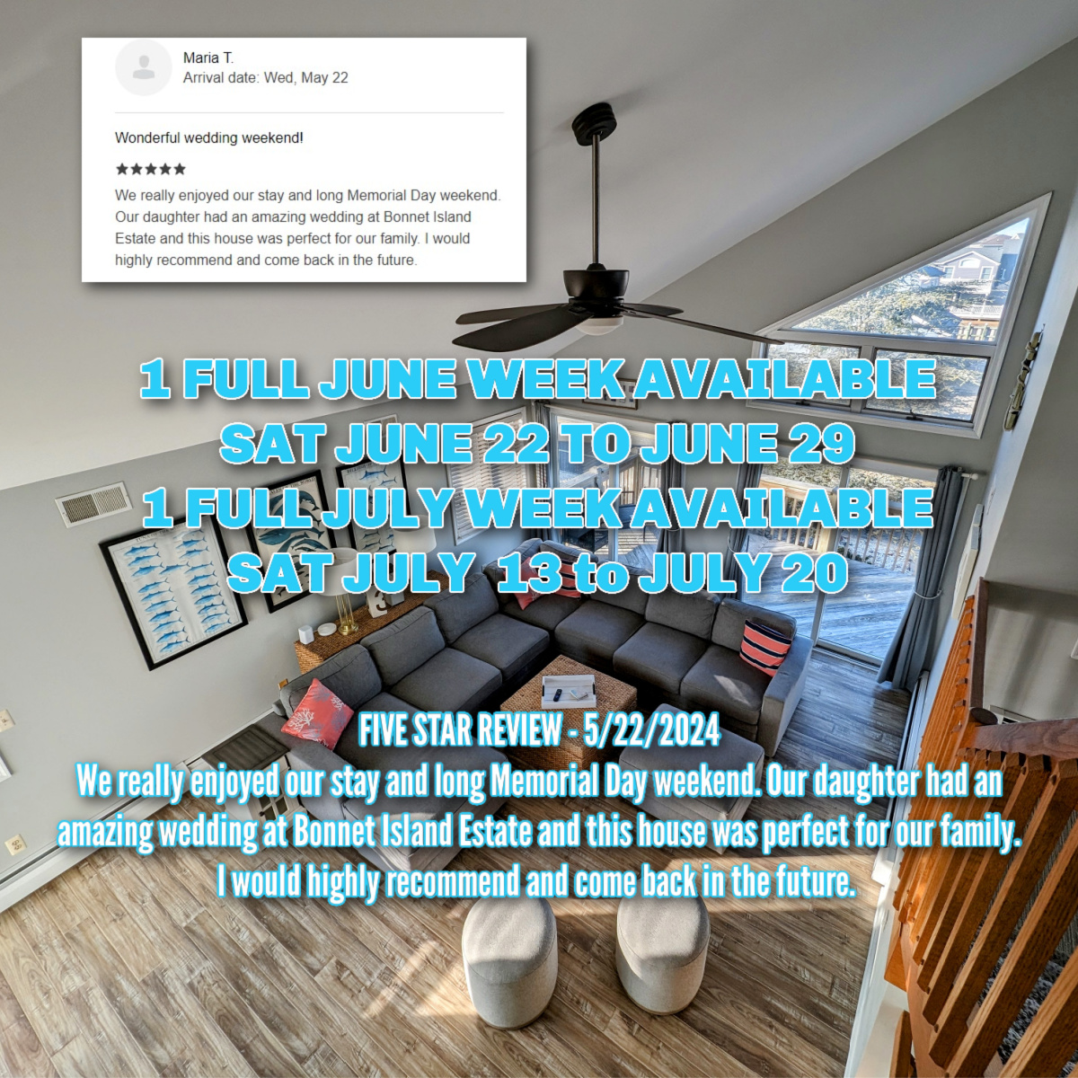 🌟🏡 Huge thanks to Maria for her 5-star review! 🌊 "Perfect for our family... would highly recommend and come back in the future." 💙

🏖️ Families, we have two prime summer weeks left at CausewayView: 📅 June 22-29 📅 July 13-20
Book direct for discounts! 💸 
#NJShore #Summer