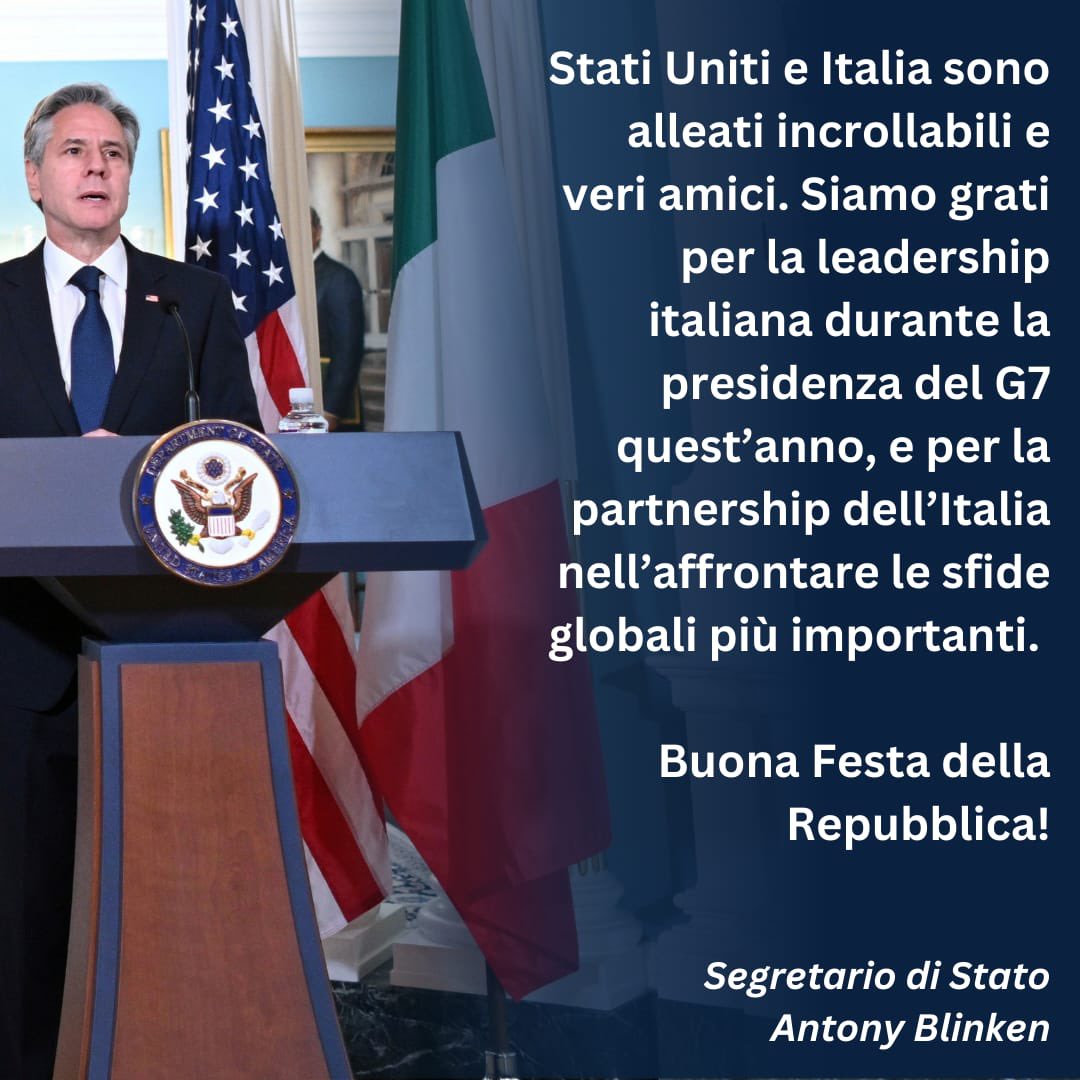 🇺🇸🇮🇹 “A nome degli Stati Uniti d'America, i miei migliori auguri al popolo italiano per il 78° anniversario della nascita della Repubblica. Oggi i nostri Paesi sono più vicini che mai” - il messaggio del Segretario di Stato <a href="/SecBlinken/">Secretary Antony Blinken</a>: state.gov/italian-republ…