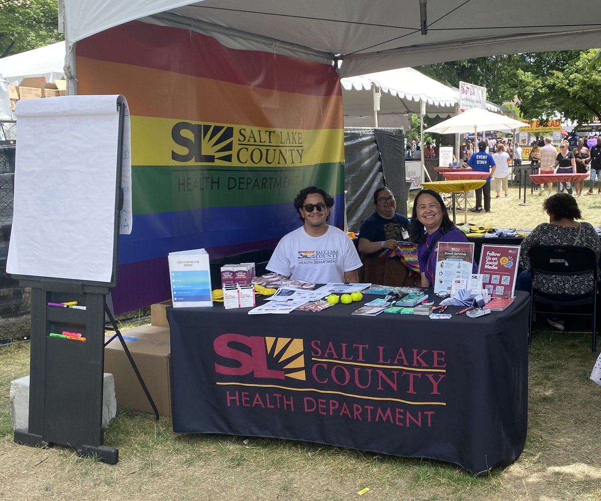 SaltLakeHealth's tweet image. Come see us today at #UtahPride for free HIV tests, free mpox vaccines, free Narcan, free at-home COVID tests, and lots of great prevention resources, including suicide and substance use prevention. We are immediately northwest of the east stage!