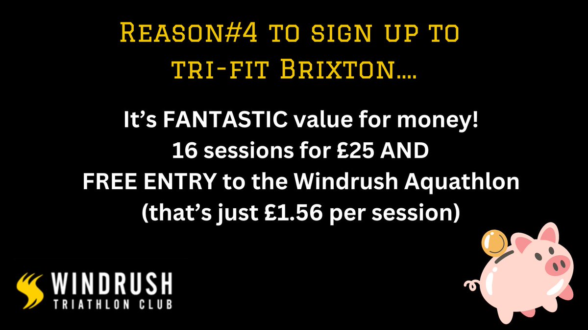Thanks to our amazing sponsors <a href="/leighday_law/">Leigh Day</a> Trifit Brixton is just £25 and you get a FREE place in the Aquathlon. That's £1.56 per session! A chance to give multi-sport a go without breaking the bank. tinyurl.com/y654f9v5 #triathlon #diversityinsport #brockwellpark #lambeth
