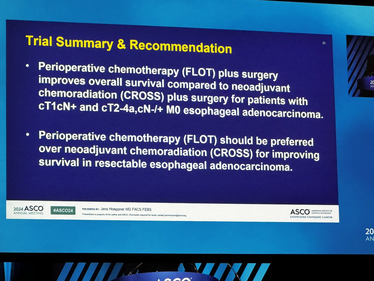<a href="/ASCO/">ASCO</a> #ASCO24 #ESOsm
🥇ESOPEC #plenary
FLOT v CROSS loc adv EAC
📌 N=438, 80%cN+
➡️OS 58% FLOT V 50%, CROSS HR 0.7
pCR 17% v10%
🤔 CROSS underperformed…
How does adjuvant nivo post CROSS impact? 
<a href="/OncoAlert/">OncoAlert</a>