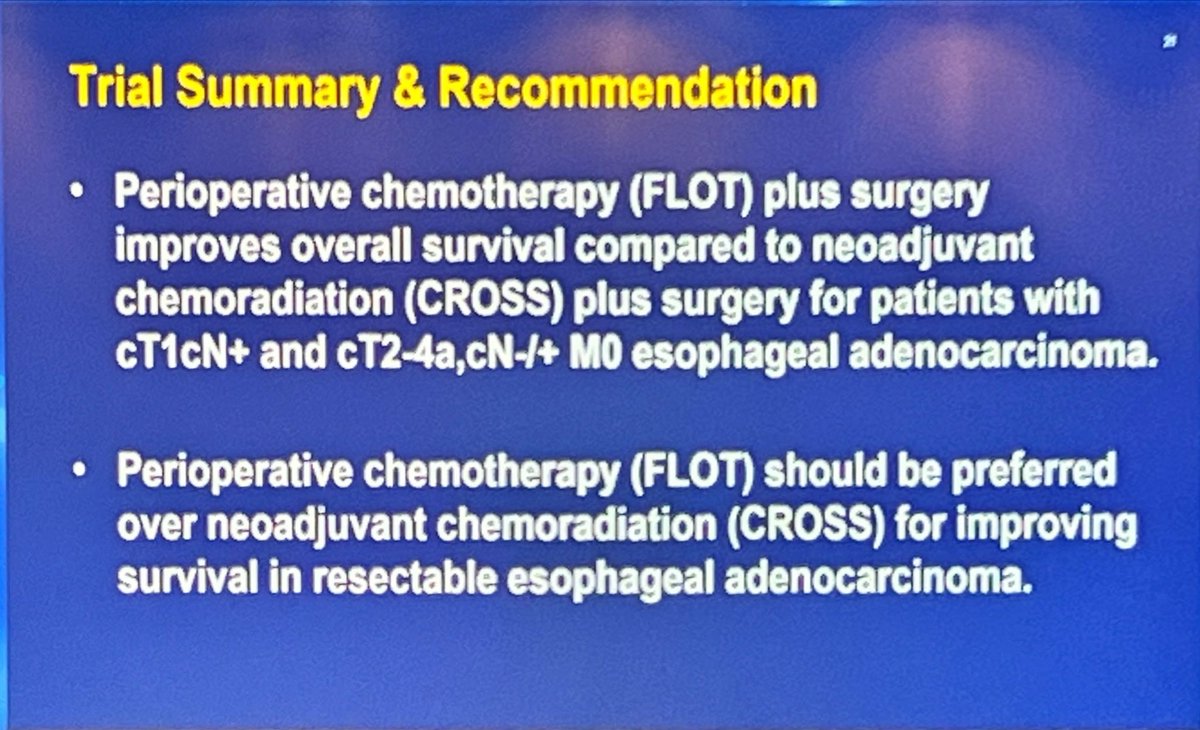 #ASCO24 plenary: ESOPEC 👏👏
👉🏼neoadj CROSS vs peri-op FLOT in pts with EAC
👉🏼221 in FLOT vs 217 CROSS arm
👉🏼 Median OS: 66mo FLOT vs 37mo CROSS 
👉🏼 3-year OS 57.4% FLOT vs 50.7% (95% CI 43.5 – 57.5%) for CROSS (HR 0.70, 95% CI 0.53-0.92, p=0.012)