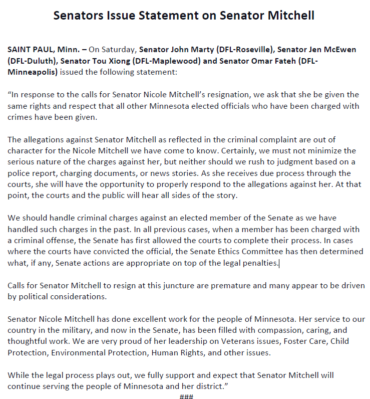 Please read our statement asking for respect and due process for Senator Mitchell: