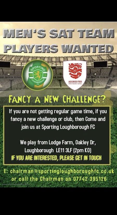 sportinglborofc's tweet photo. • FANCY A NEW CHALLENGE? •

We are currently looking for players for a men’s Saturday team. Trials take place every Tuesday &amp; Thursday. If you’d like to join or for any more information please get in touch by emailing chairman@sportingloughboroughfc.co.uk https://t.co/NKWa2CTc64
