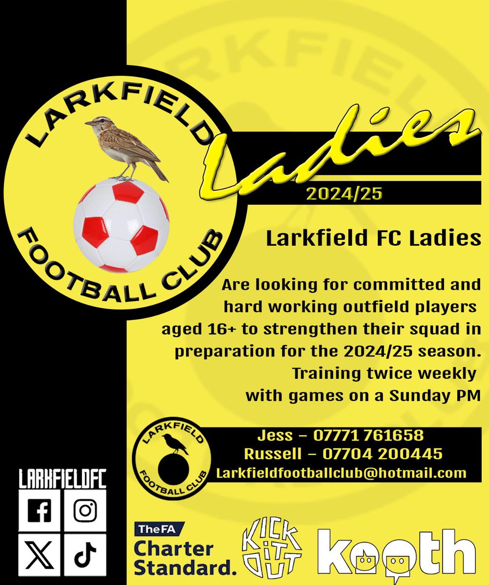 𝑷𝑳𝑨𝒀𝑬𝑹𝑺 𝑾𝑨𝑵𝑻𝑬𝑫!

Our Ladies team for 24/25 season are looking for players to join them to strengthen their squad for the coming season. 

Interested? info &amp; contact details on the poster - Jess/Russell would love to have a chat with you &amp; answer any questions 🟡⚫️