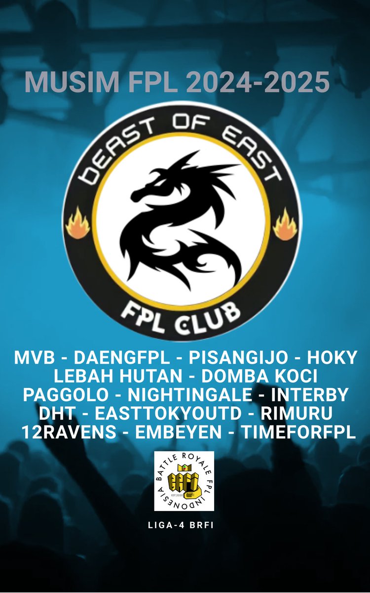 Squad resmi Beast of East - <a href="/LigaBRFI/">Battle Royale FPL Indonesia</a> 4 utk musim FPL 2024-2025
May the green arrows be with us 🟩⬆️
<a href="/dgrusle/">dgrusle</a> <a href="/DaengFPL/">Daeng FPL 🇮🇩</a> <a href="/pisangij01/">FPL Liga Pisangijo</a> <a href="/bayuajianto/">Bayu Ajianto</a> <a href="/BayuSoewito/">BSoewito 🐝</a> @pip0024 <a href="/kadangteledor/">Difanda Pandu</a> <a href="/HandokoEndy/">Endy Handoko</a> <a href="/Irwan4K/">Irwan</a> <a href="/SarasiluY/">Yulis</a> <a href="/TimeforFPL_ID/">FPL IS BACK! 🇮🇩</a> <a href="/DimasJaee/">MAS</a> <a href="/saya_ibet/">sering dipanggil makan</a> <a href="/fahmitadjuddin/">fahmitadjuddin 🇲🇨</a> <a href="/fauziandih/">Fauzi</a>
