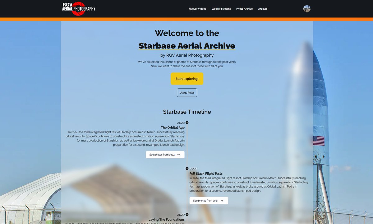RGVaerialphotos's tweet photo. RGV is proud to announce the launch of our brand new website!!! 

Our production team will be releasing monthly recap and analysis articles about Starbase.

Additionally, we’re pleased to present the fully PUBLIC Starbase Aerial Archive, filled with specially selected photos dating back to 2018 - and more to come! Thanks to @emlynspace for creating it.  

Bookmark the page now: https://t.co/pKwUbYylp9 More info in the comments below!