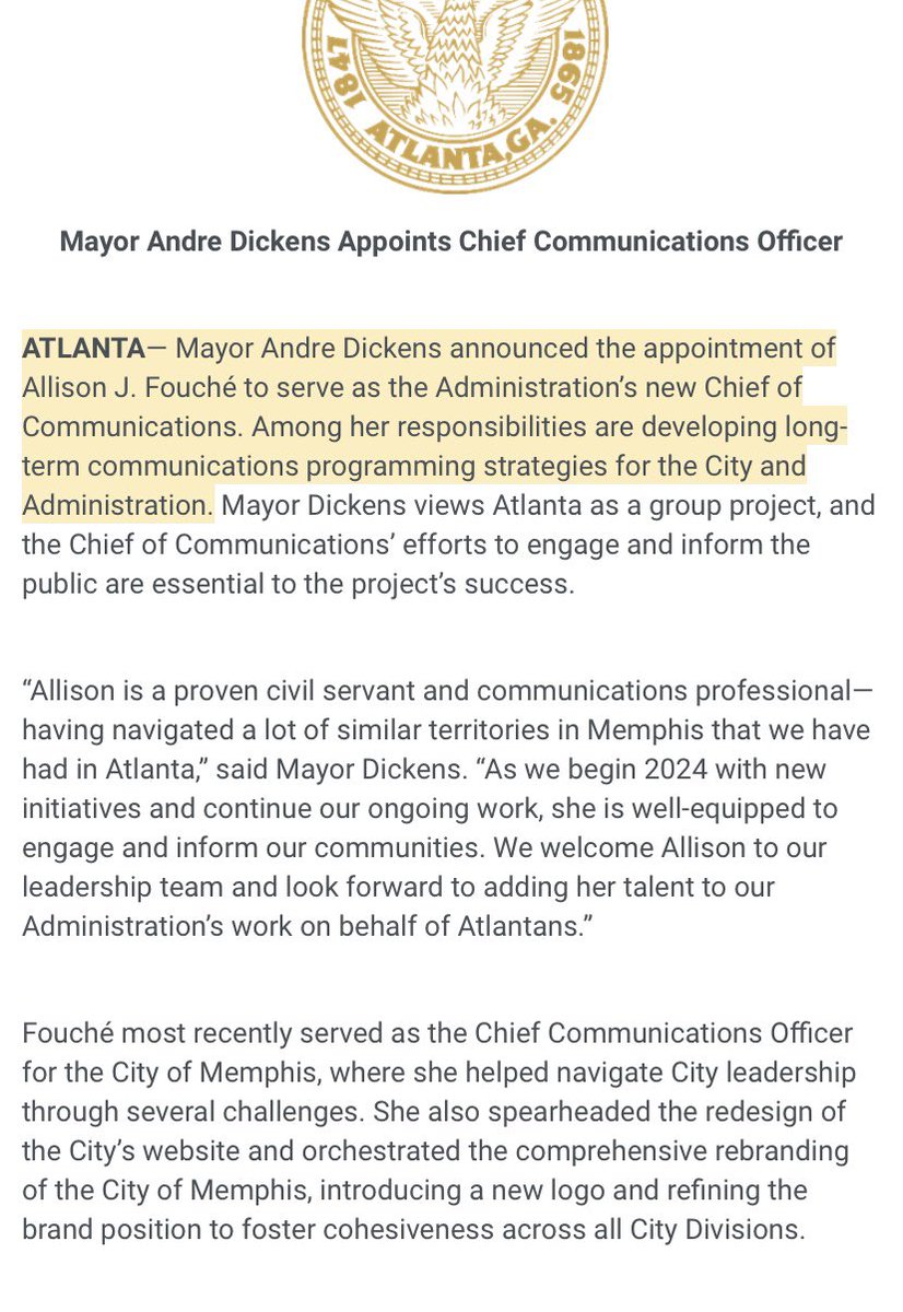 wykeishaforAPS's tweet photo. Update:
Allegedly @andreforatlanta new Chief Communications Officer, 
Ms. Allison J. Fouché, who was just hired in January 2024, she was at the party with @andreforatlanta in Memphis but failed to communicate to the residence and business owners here in Atlanta. @andreforatlanta was very aware of this issue because the city of Atlanta employees left city hall around 11am Friday morning. (That’s part is a fact)
They could got ahead of this, but maybe the fundraisers event was more important 🤷🏾‍♀️