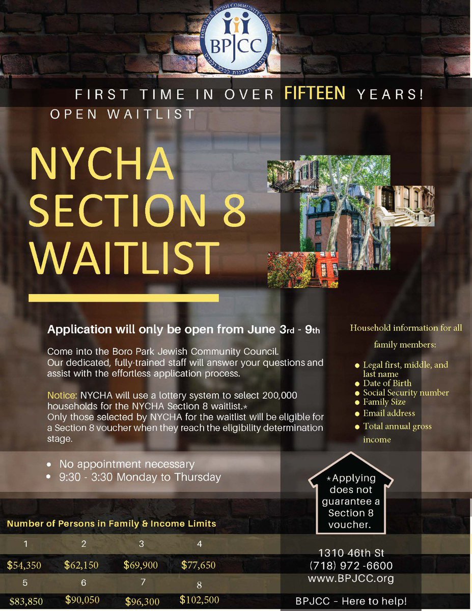 Boro Park JCC (@bpjcc) on Twitter photo TOMORROW! Section 8 opens for 1st time in 15 years.
<a href="/BPJCC/">Boro Park JCC</a>'s expanded expert staff is ready and able to assist with Section 8 applications at NO CHARGE.
No appt necessary; just stop by the BPJCC Mon.-Thurs. 9-3:30. TOMORROW! Section 8 opens for 1st time in 15 years.
<a href="/BPJCC/">Boro Park JCC</a>'s expanded expert staff is ready and able to assist with Section 8 applications at NO CHARGE.
No appt necessary; just stop by the BPJCC Mon.-Thurs. 9-3:30.