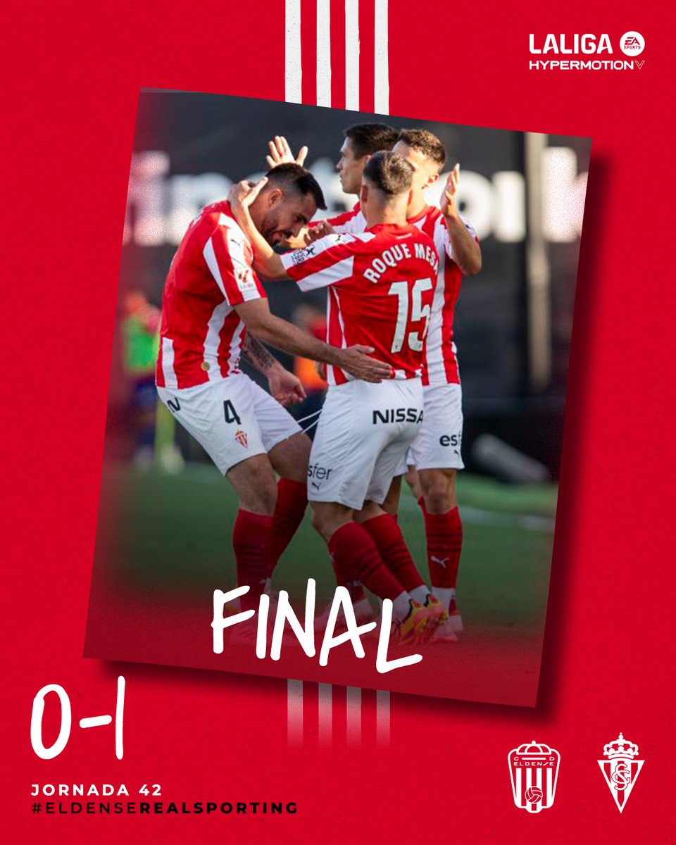 RealSporting's tweet photo. 👊🏻 ¡¡Estamos en el play-off!!

🔴⚪ ¡¡¡Victoria del Sporting!!! 

⌛ Final | 0-1 | 

⚽ Roque Mesa.

#EldenseRealSporting
#LALIGAHYPERMOTION