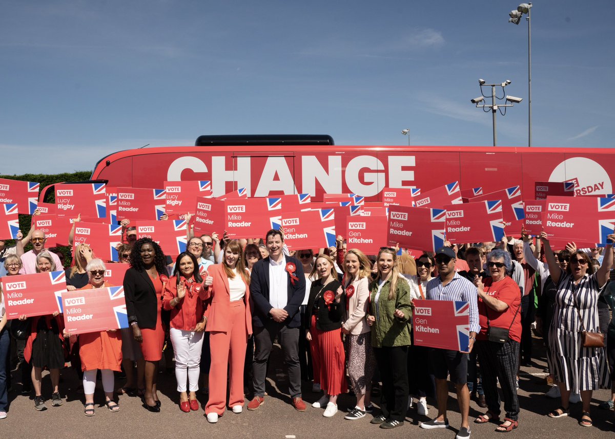 AngelaRayner's tweet photo. This is not a drill - it’s a battle bus. 🚍 

Strength in numbers in Northampton South for Labour’s marvellous candidate @mike_reader 

We’ll change Britain together. 🌹 https://t.co/6yFsZNzQHB