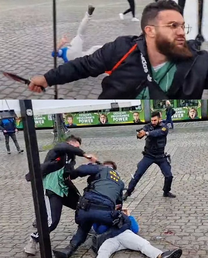 hoje_no's tweet photo. Morreu o policial alemão apunhalado no pescoço pelo terrorista islâmico que atacou um comício anti-islâmico em Mannheim. Os manifestantes atacados empunhavam cartazes dizendo que a imigração islâmica desenfreada para a Alemanha representava um risco para a segurança do país. O terrorista islâmico com a faca em punho confirmou.
