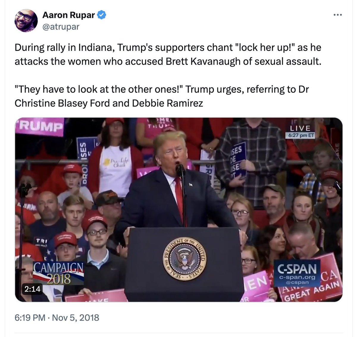 TRUMP: "I didn't say 'lock her up'"

REALITY: