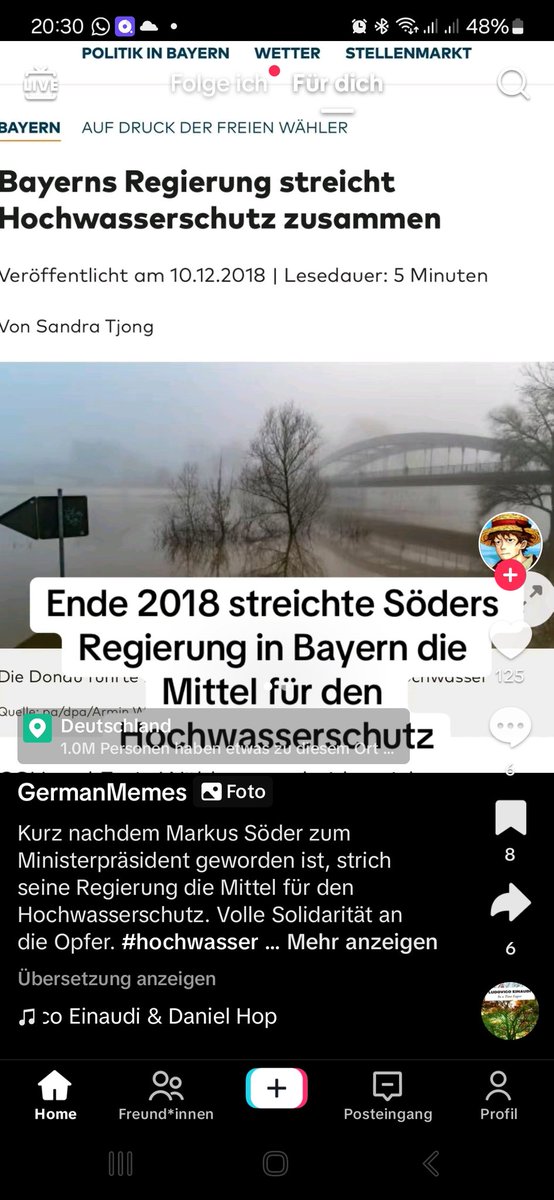 Sukoster's tweet photo. @CSU Geht gerade viral, dass 2018 der Söders Regierung den Hochwasserschutz gestrichen hat...Vielleicht hätte der mal weniger tiktok machen und sich mehr um ernsthafte Dinge kümmern sollen? Nur mal so am Rande https://t.co/lwr5TwLuXX