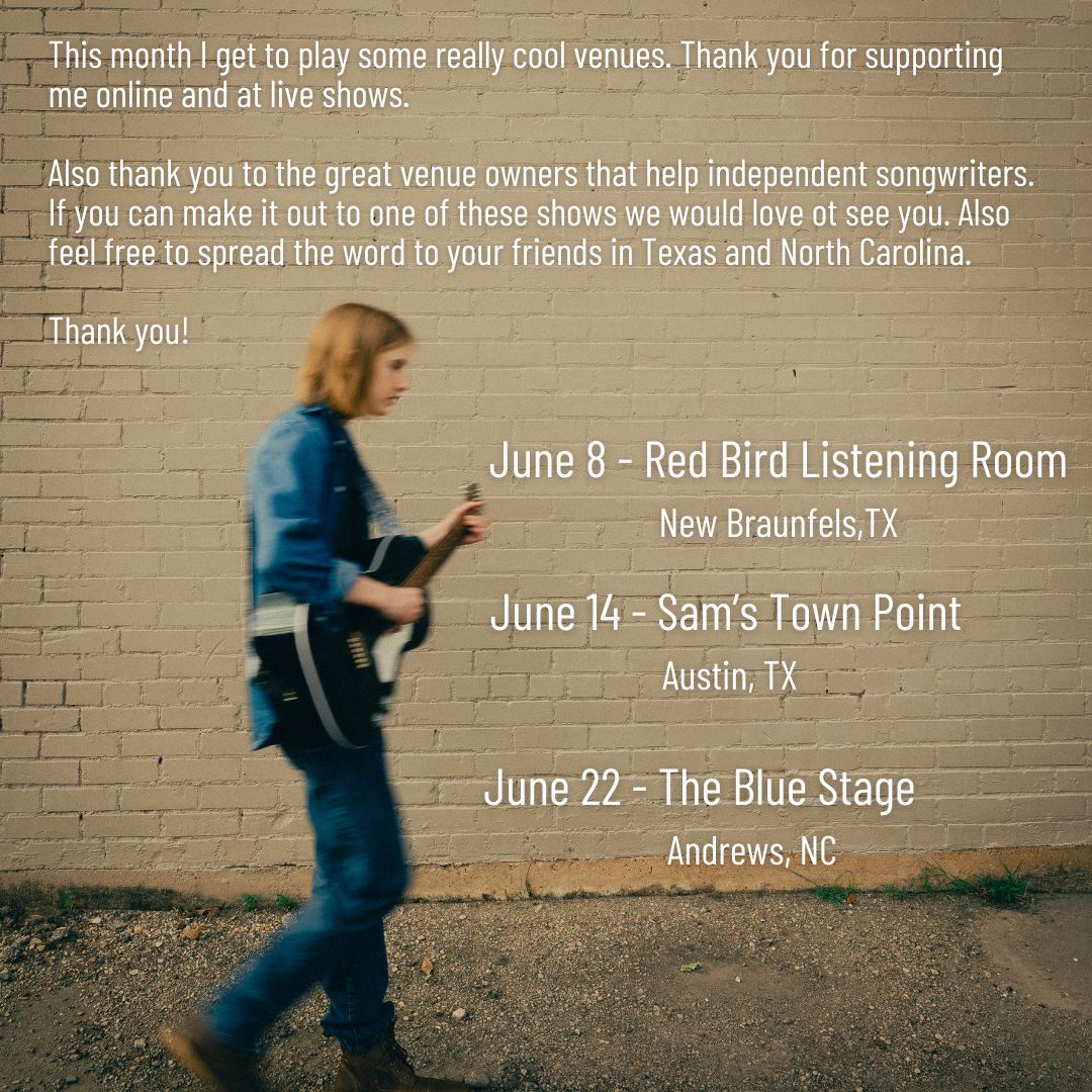 JackBarksdaleTX's tweet photo. This month I get to play some really cool venues. Thank you for supporting me online and at live shows.
Also thank you to the great venue owners that help independent songwriters.
Thank you! https://t.co/bFJDvP46Qn