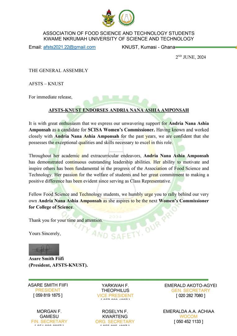 afsts_knust's tweet photo. AFSTS- KNUST endorses ANDRIA NANA ASHIA  for SCISA Women’s Commissioner

We are winning this!✨🎉
#SCISADecides | #AFSTStothewiase https://t.co/Fsde2uGAN5