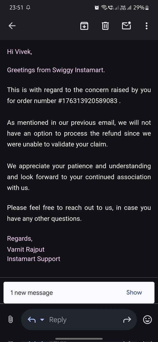 Valtaoi02's tweet photo. I ordered 4 milk, received only 3, and despite clear evidence, you’re denying a refund or redelivery. As a Swiggy One member with 3 recent orders totaling ₹783 in this week, why would I cheat for ₹34? Pathetic customer support! I will escalate this issue to the consumer forum. https://t.co/o6fXynRdlA