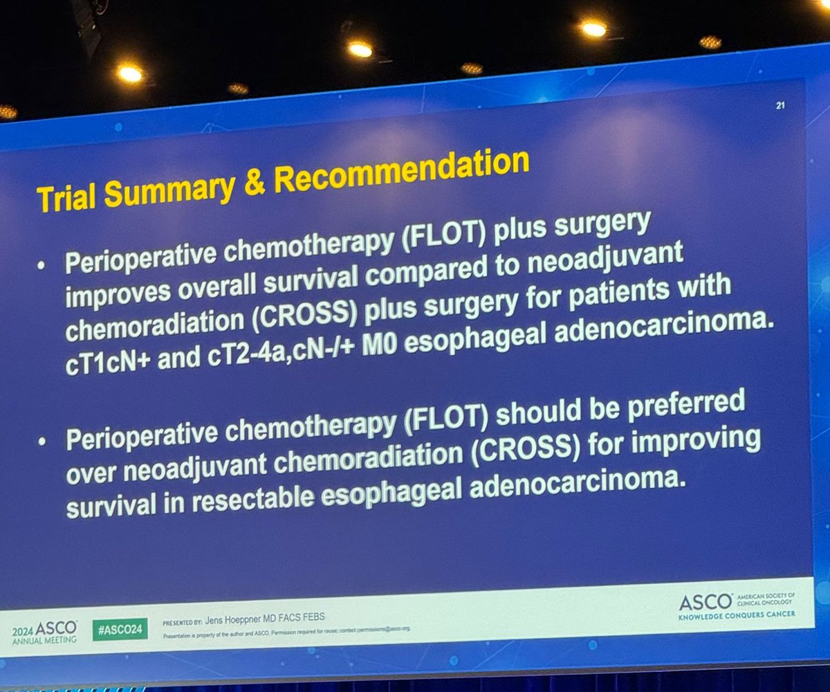 🚨The #ESOPEC trial at the #ASCO24 plenary session: ➡️ Perioperative chemo shows better survival than neoadj. chemoradio (OS HR 0.7, 95% CI 0.53–0.92) in the treatment of pts w/ #esophageal adenocarcinoma! @OncoAlert @ASCO
