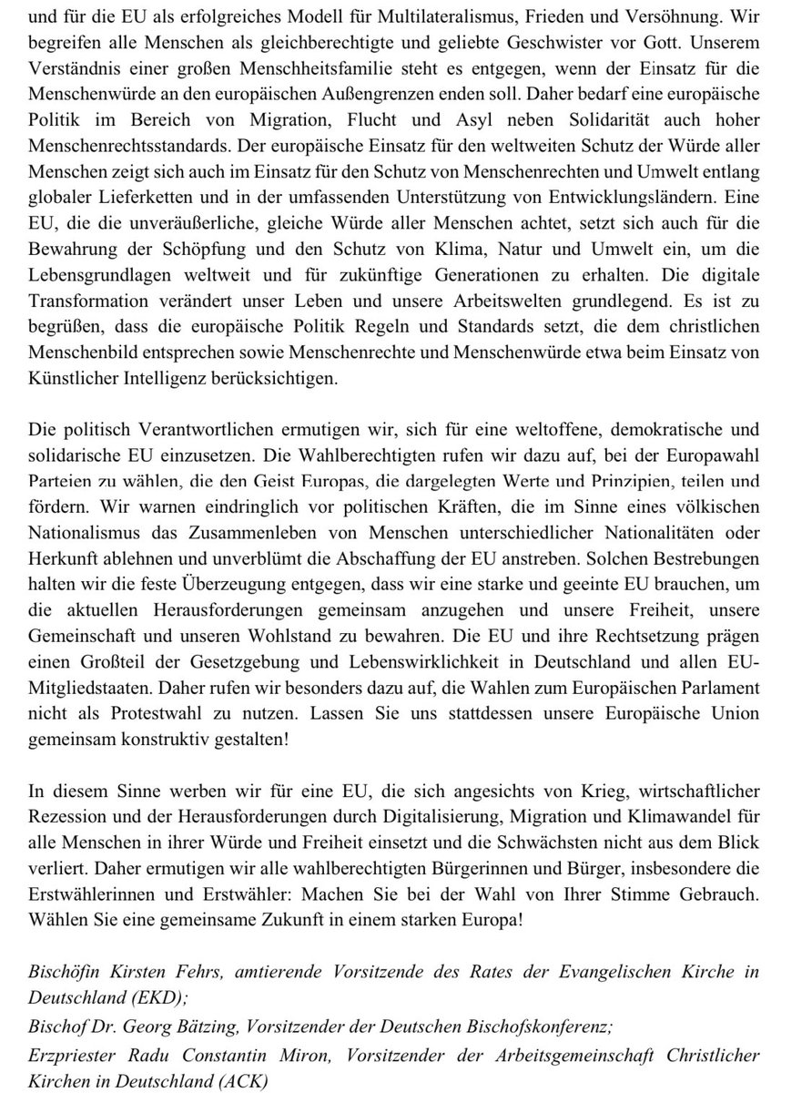 ack_oec's tweet photo. Gemeinsamer Aufruf der Vorsitzenden der christlichen Kirchen in Deutschland zur Teilnahme an der #Europawahl am nächsten Sonntag (9.6.2024).

https://t.co/tosmlkjCPK

„Für unsere gemeinsame #Zukunft in einem starken Europa“

#kt24 @katholikentag @dbk_online @EKD @Europarl_DE https://t.co/5gldN8skvg