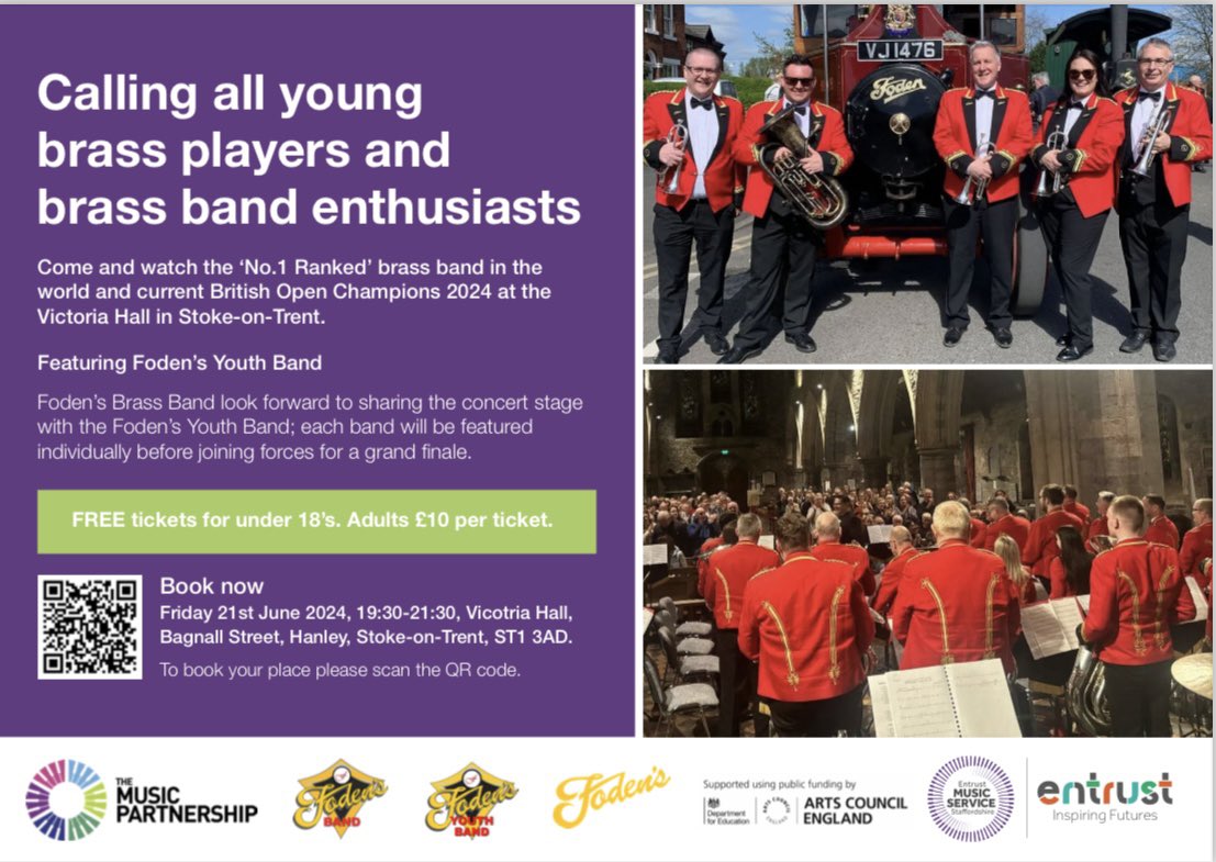 Foden's Youth Band (@fodensyouthband) on Twitter photo Foden’s Youth Band in concert with <a href="/fodensband/">Foden's Band</a>
🎫Victoria Hall Hanley - Friday 21st June 7:30pm
🎟️FREE tickets for under 18’s. Adults £10 per ticket. Purchase from priorbooking.com/u/fodens Foden’s Youth Band in concert with <a href="/fodensband/">Foden's Band</a>
🎫Victoria Hall Hanley - Friday 21st June 7:30pm
🎟️FREE tickets for under 18’s. Adults £10 per ticket. Purchase from priorbooking.com/u/fodens