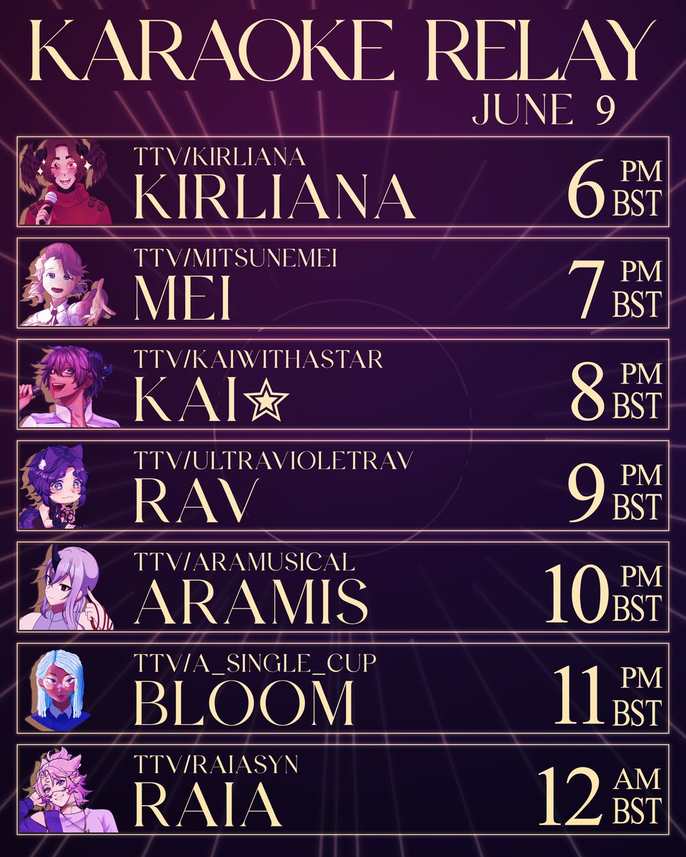 kaiwithastar's tweet photo. 🗓️ Sunday, June 9th

6PM @Nacaro_Kirliana 
7PM @mitsune_mei 
8PM @kaiwithastar 
9PM @ultravioletrav 
10PM @aramusical 
11PM @viablebloom 
12AM @RaiaSyn 

All times are in BST/GMT+1 

We look forward to seeing you there ✨ https://t.co/fApoO0enBq