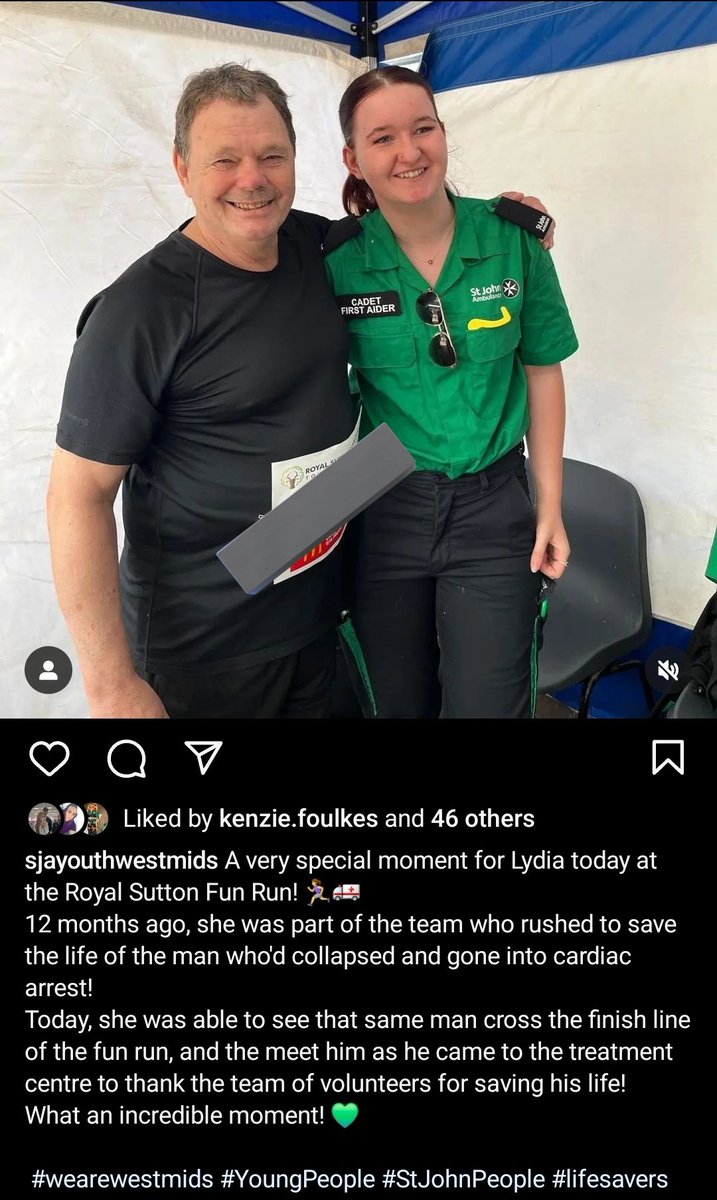 SJA_DConlon's tweet image. Amazing moment today at #SuttonFunRun where one of our @stjohnambulance cadet first aiders was reunited with a patient she helped to resuscitate after he had a cardiac arrest at the same event last year.
Fantastic to see him fully recovered &amp;amp; back to finish the course #Lifesaver