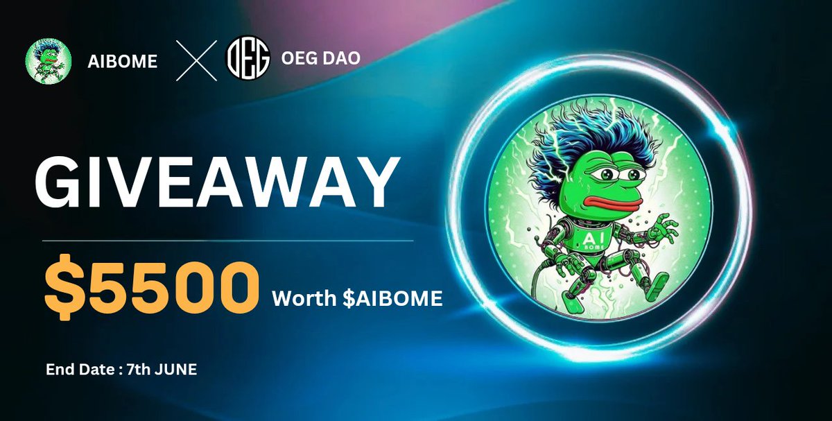 🤝 New Partnership Announcement

🎁 Giveaway Total :- 5500$ Worth of $AIBOME For 400 Winners

➡ To Enter -
1⃣ Follow <a href="/AI_BOME/">AIBOME</a> &amp; @Daooeg
2⃣ Like, RT, Tag 3 Friends 🔔
3⃣ Join TG : t.me/AIbomeox
4⃣ Comment Your Metamask Address

⏳ Ending Time: 7th JUNE

#BTC