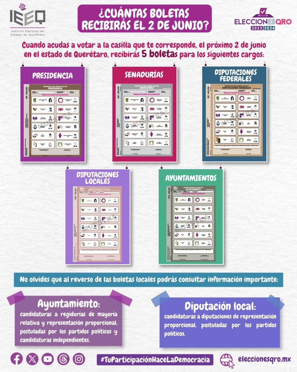 📢Recuerda que en Querétaro recibirás 5 boletas 🖐🏽

Querétaro, #EsHoraDeVotar