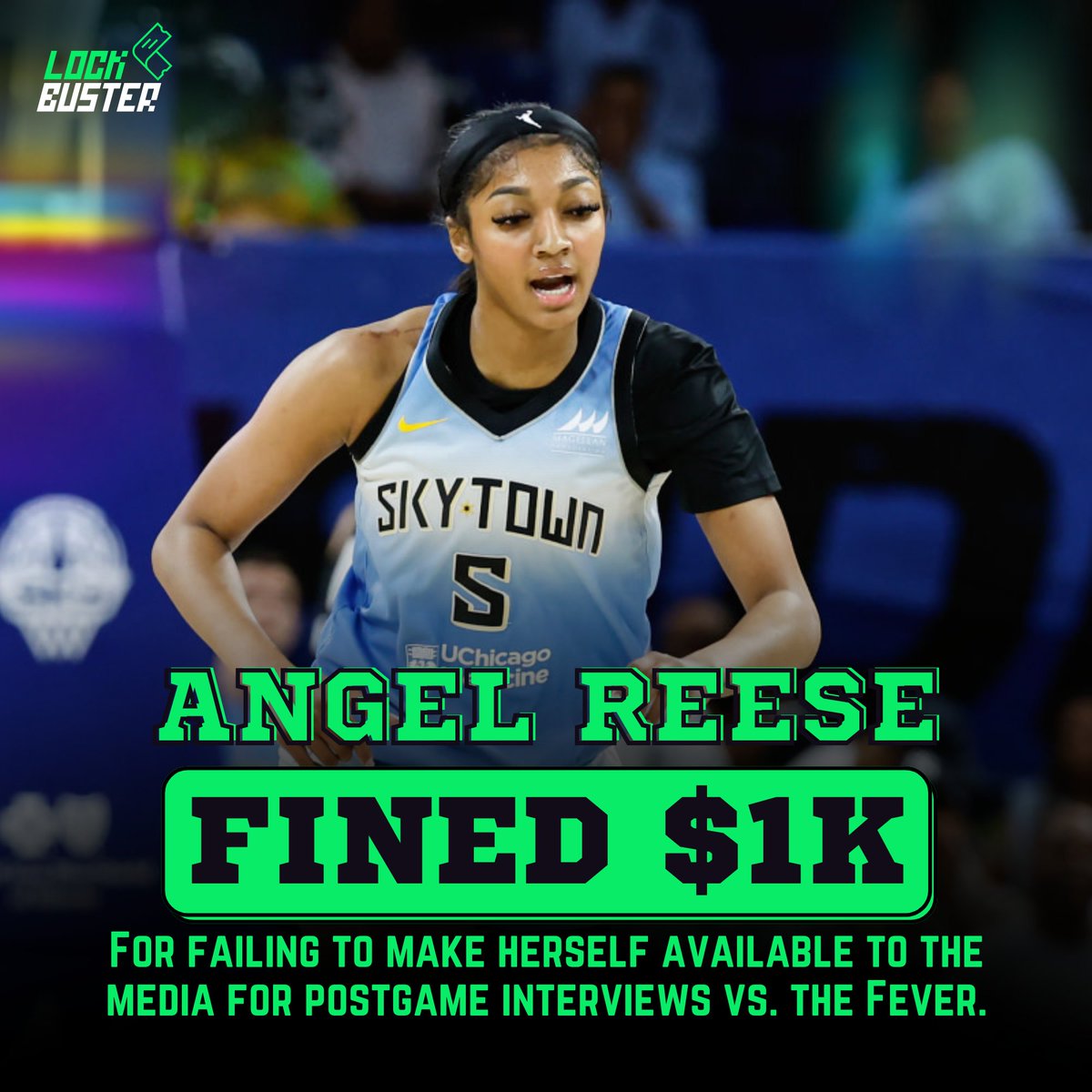 Lockbuster_'s tweet image. Angel Reese fined $1000 😲 

For failing to make herself available to the media for postgame interviews vs. the Fever.

#wnba #angelreese #chicagosky #indianafever