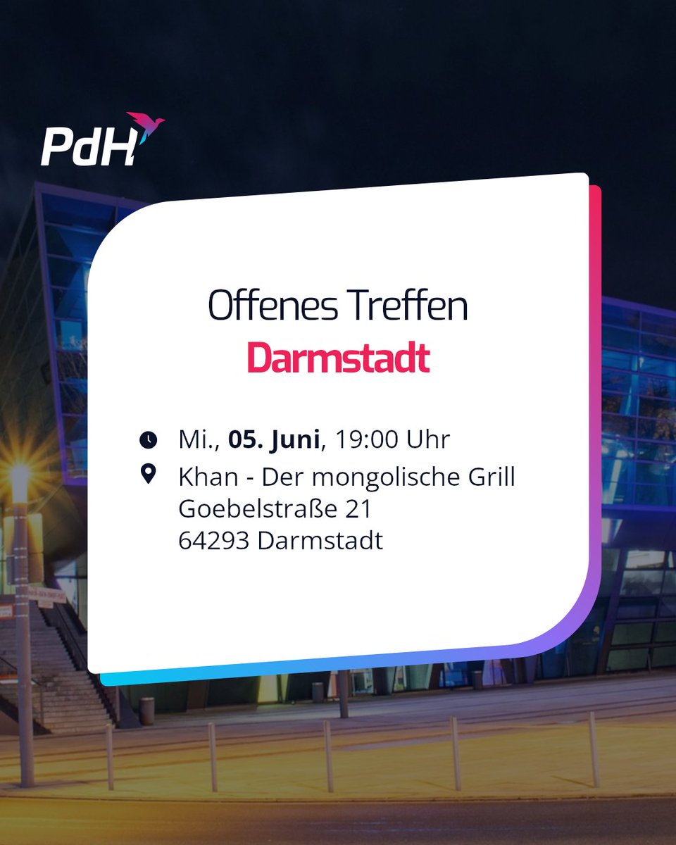 PdH_HE's tweet photo. Die #Wissenschaftsstadt Darmstadt ruft wieder zum offenen Treffen!
⏰ Mittwoch, der 05.06., ab 19:00 Uhr
📷 Khan Der mongolische Grill
Goebelstraße 21, 64293 Darmstadt 

Mehr Infos unter: https://t.co/4k6GyU00GB https://t.co/UEZM4Xydn4