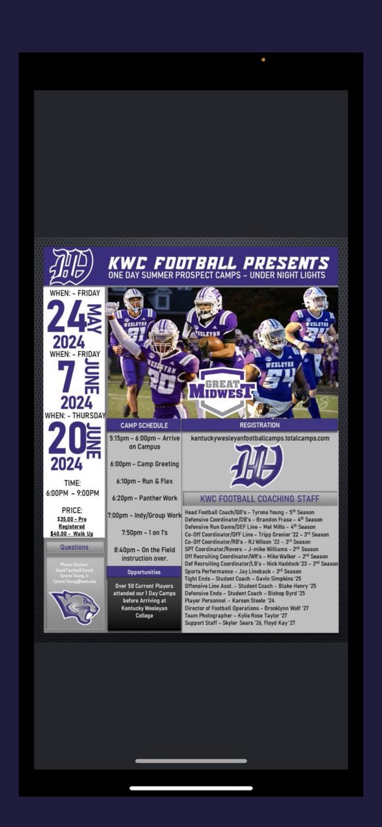 I can’t wait to attend this camp Friday!!🟣⚪️Thank you <a href="/CoachSalomonsky/">Ashly Salomonsky</a> @kentuckywesleyan for the invite.