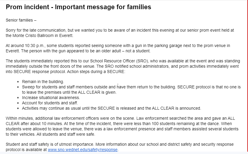 AlissaTeel's tweet photo. Snohomish HS "Prom Incident" statement from SHS Principal. Sounds like a great response by @EverettPolice &amp; other agencies &amp; school officials &amp; students were able to continue on with Prom 2024. https://t.co/QxfXkkl7SY