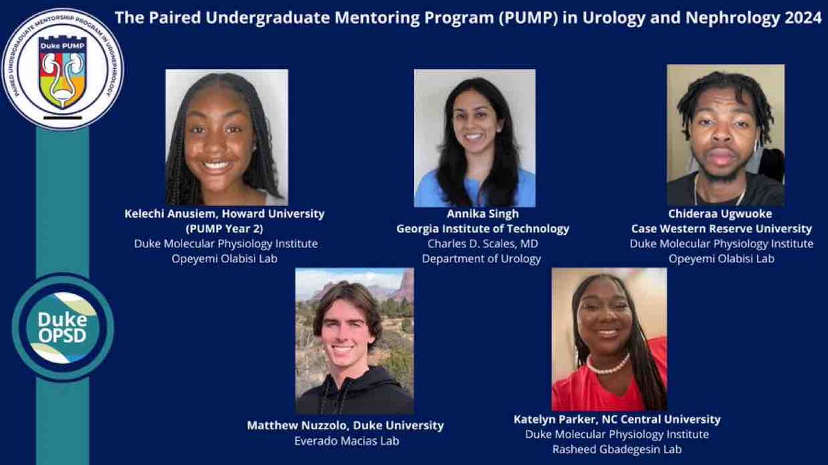 PUMP Program <a href="/Duke_PUMP/">Duke Paired Undergraduate Mentoring Program (PUMP)</a> summer 2024. 

Five great undergraduates will spend the summer at Duke: Mentorship, Networking, and Teambuilding! 

Kelechi Anusiem returning to the DMPI Olabisi Lab, Chideraa Emma-Ugwuoke, Annika Singh, Matthew Nuzzolo and Katelyn Parker